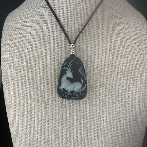 Tai Chi Stone Deer Pendant Necklace, Sterling Silver Accent on Adjustable Rope - Picture 5 of 9